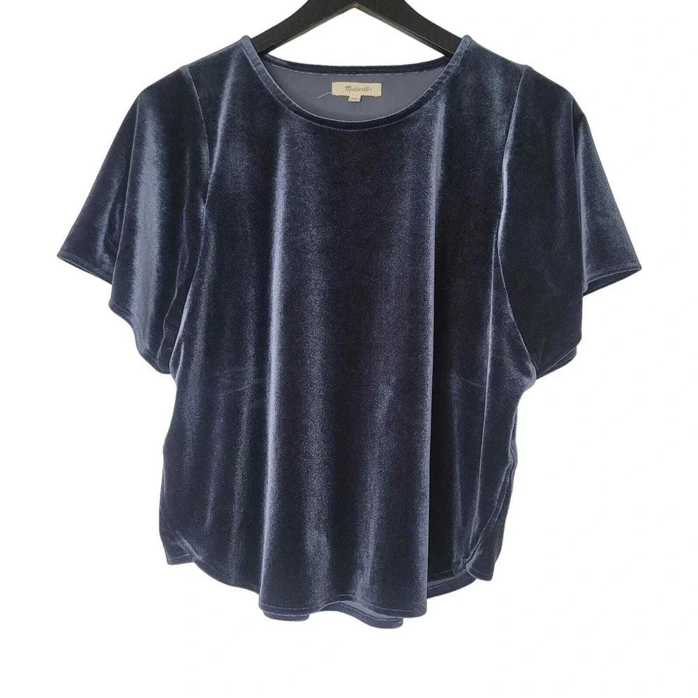 Madewell Velour Top S Blue Flutter Sleeve Crew Neck Whimsigoth‎ Fairy Boho
